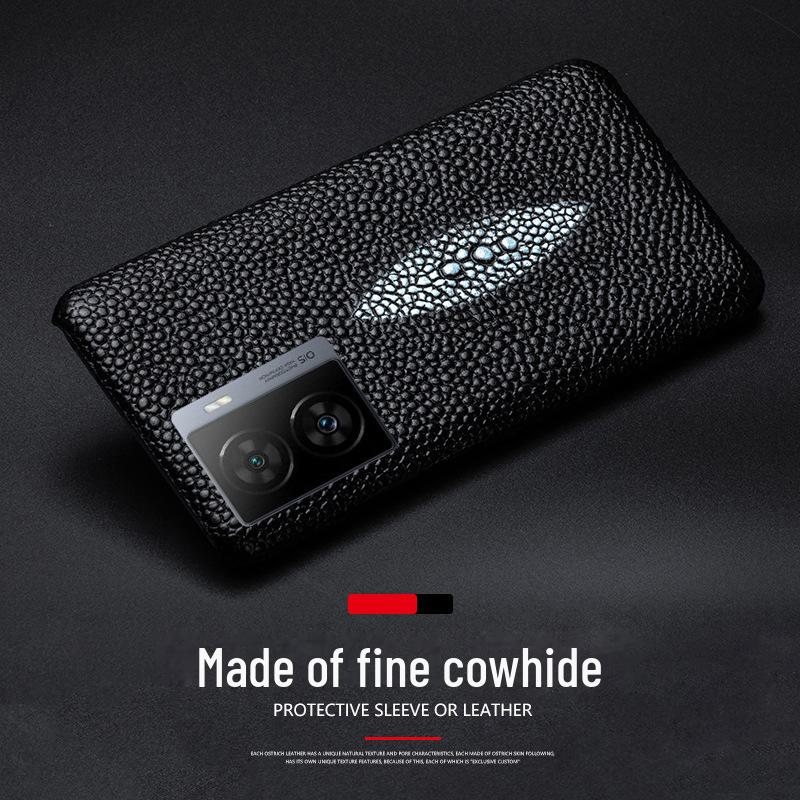 iQOO Z6 Cowhide Leather Pearl Fish Pattern Half-Case - High-End Protective Cover for iQOO Z6x