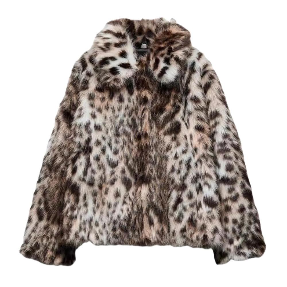 

2024 осень и зима новая женская одежда мода ретро искусственный мех воротник лацкан длинный рукав леопардовый принт карман куртка S цветной печати леопарда