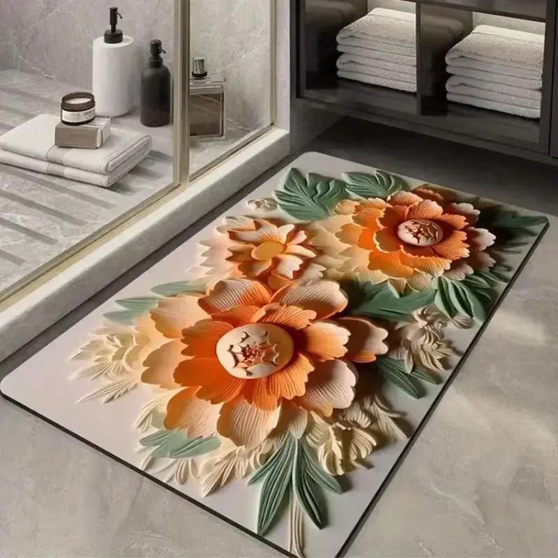 3d Flower Printed Bath Mat Non Slip Bathroom Rug Super Absorbent Kitchen Doormat Home Laundry Room Decor Porch Entrance Carpet