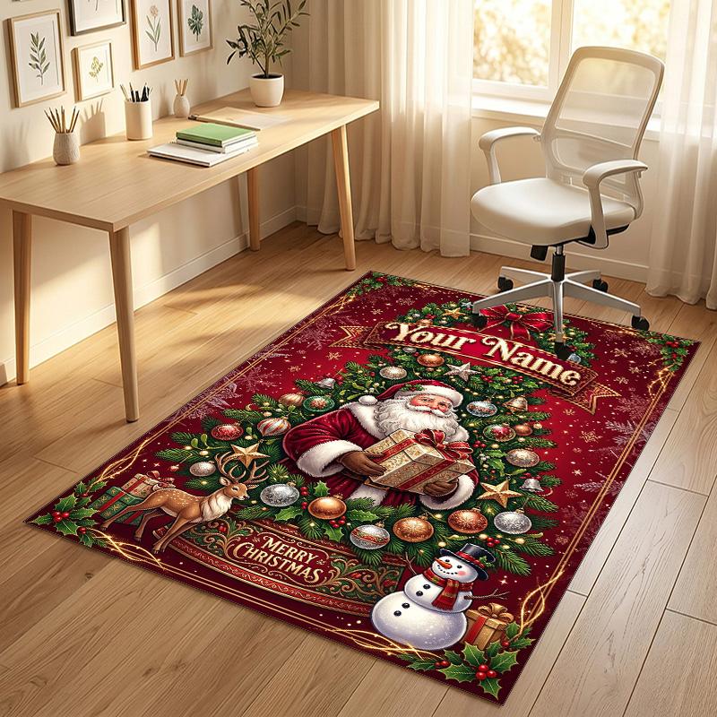 Christmas Theme Crystal Velvet Rug Personalized Custom Name Text Soft Floor Mat Home Decor