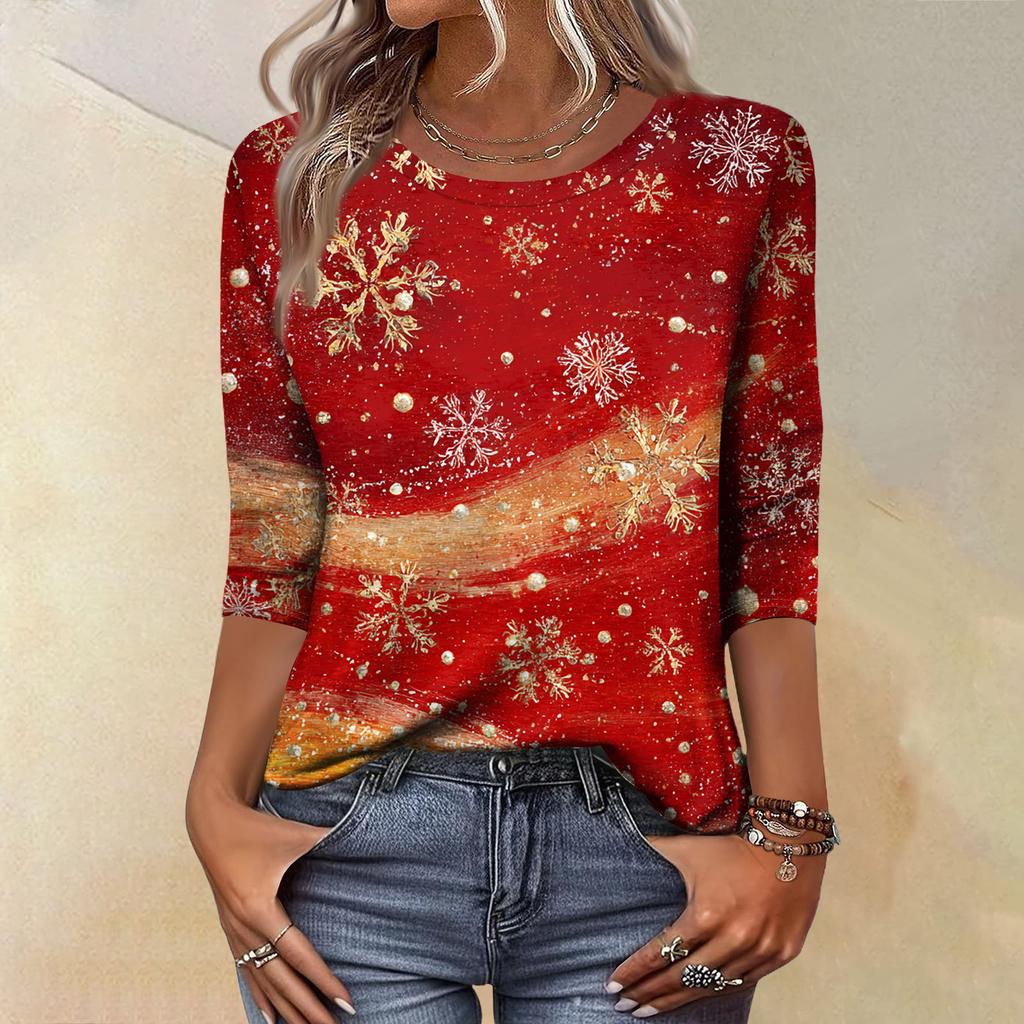 Women's Fashion Casual Christmas Tree Printed Round Neck Three-Quarter Sleeve T-Shirt Top