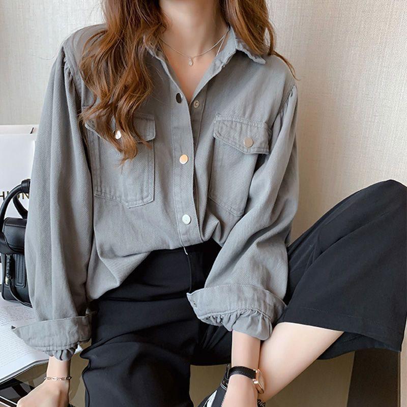 

Женская белая джинсовая куртка: Свободная приталенная верхняя одежда на весну/осень для миниатюрной рабочей одежды 2XL (Recommended 136-146 jin) серый