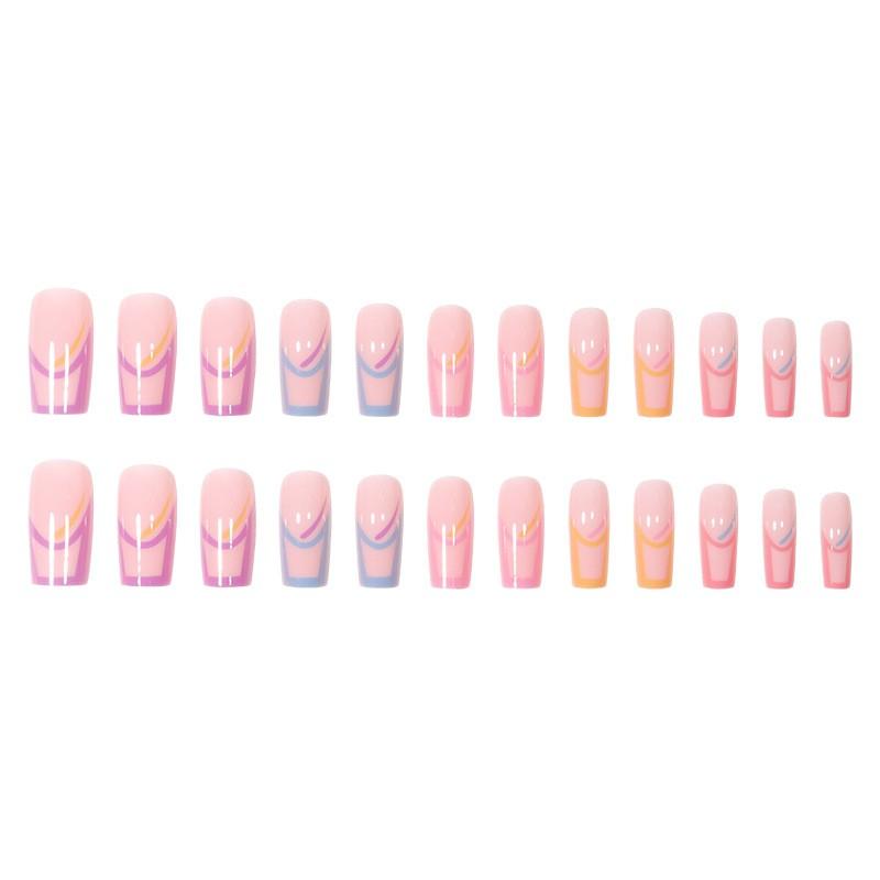Rainbow French Press-On Nails UV Printed Nail Tips Reusable Acrylic False Women