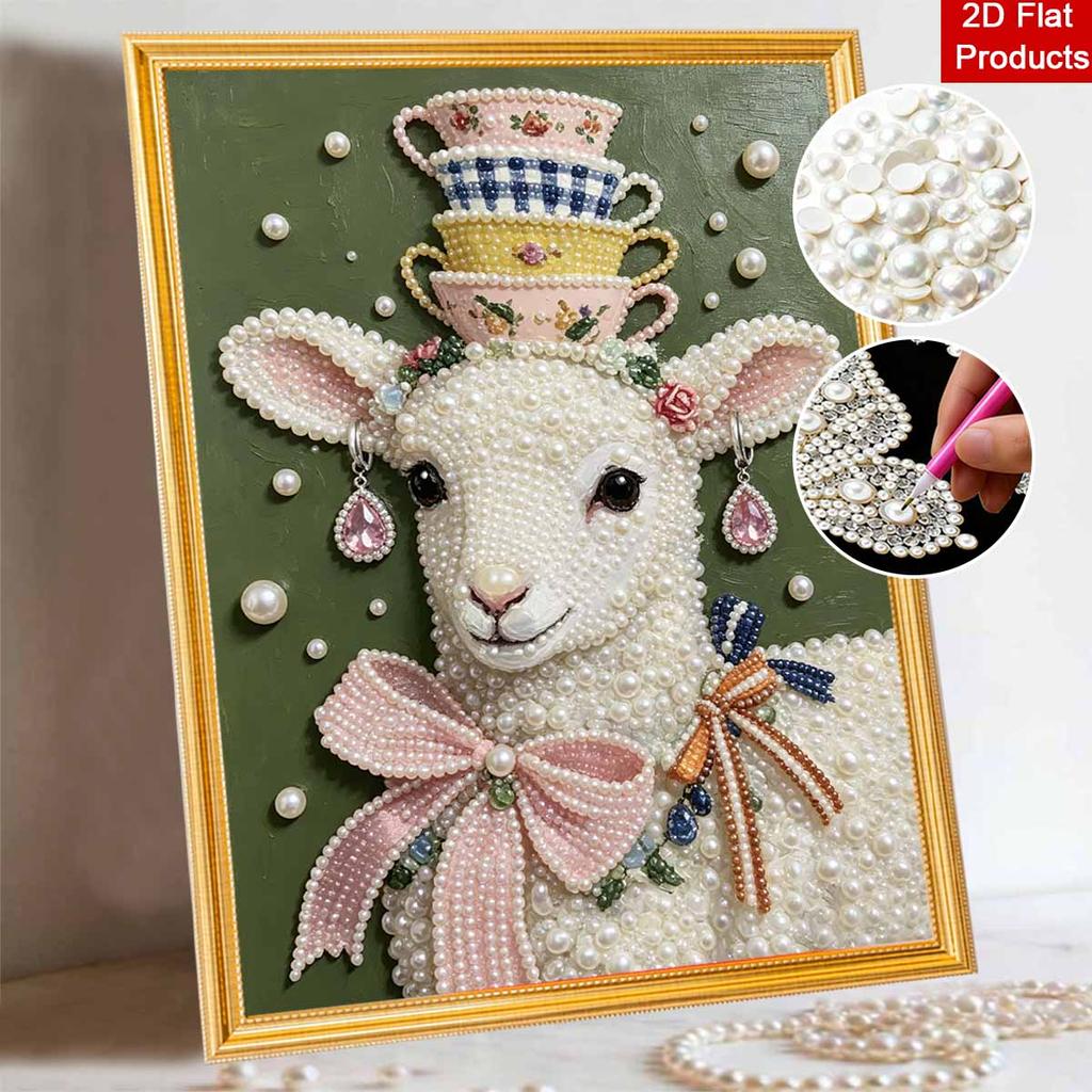 Relaxing DIY Pearl Painting Kit Framed with Lamb Tea Cup Design 5D Sparkling Bead Canvas Craft for Girls Bedroom Decor Holiday Gift