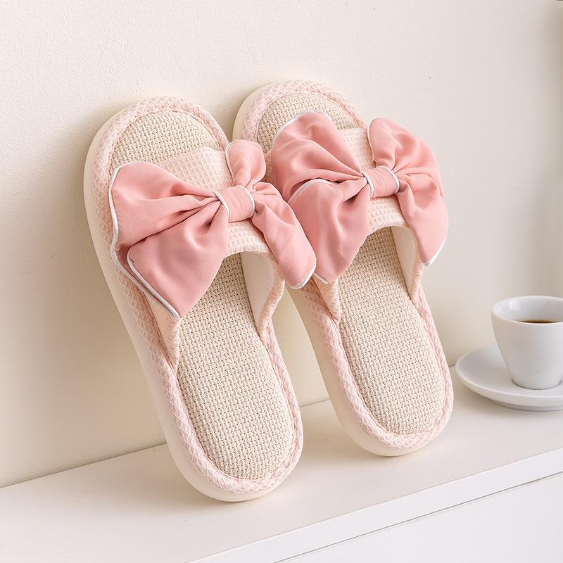 Butterfly knot linen slippers indoor cool slippers contrasting colors, simple fabric cotton linen slippers