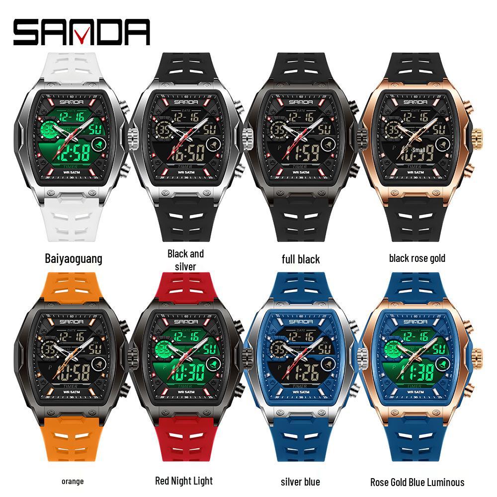 Sanda Dual-Movement Barrel Watch: Luminous Alarm, Large Dial, Multifunctional Student Watch.
