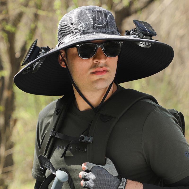 Solar-Powered Wide Brim Fishing Hat with Sunshade, Long-Lasting Battery Fan, and High Wind Power for Men.