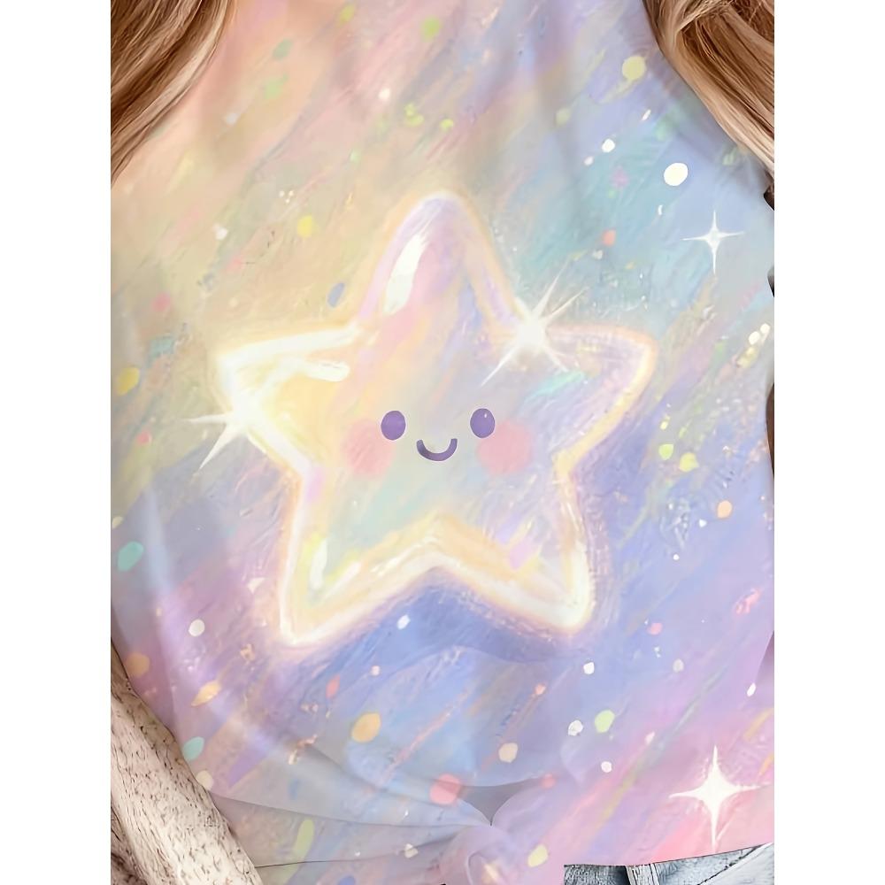 Crew neck dream macaron style smiley face star print short sleeve T-shirt