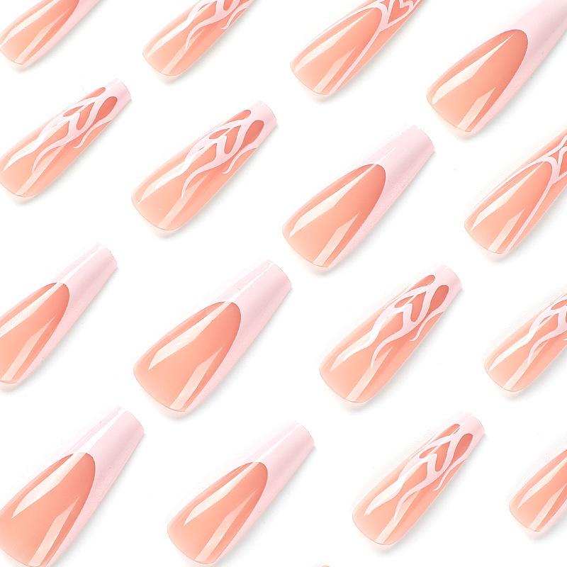 Pink French Heart Flame Long Ballet Nail Art Tips