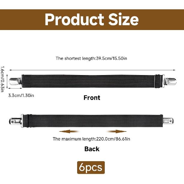 6PCS Heavy Duty Bed Sheet Straps - Adjustable Elastic Mattress Clips to Hold Sheets in Place, Fits 15" to 85" Mattresses, Secure Sheet Clips(Black)