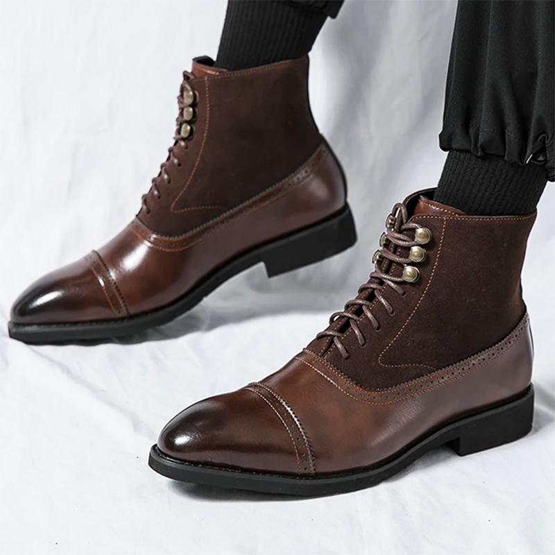 

Новые мужские ботильоны на шнуровке с острым носком, в стиле пэчворк, с ремешком-монком до щиколотки, дизайнерские боты в британском стиле, трендовые, повседневные, роскошные, высокие, в стиле панк-рок 38