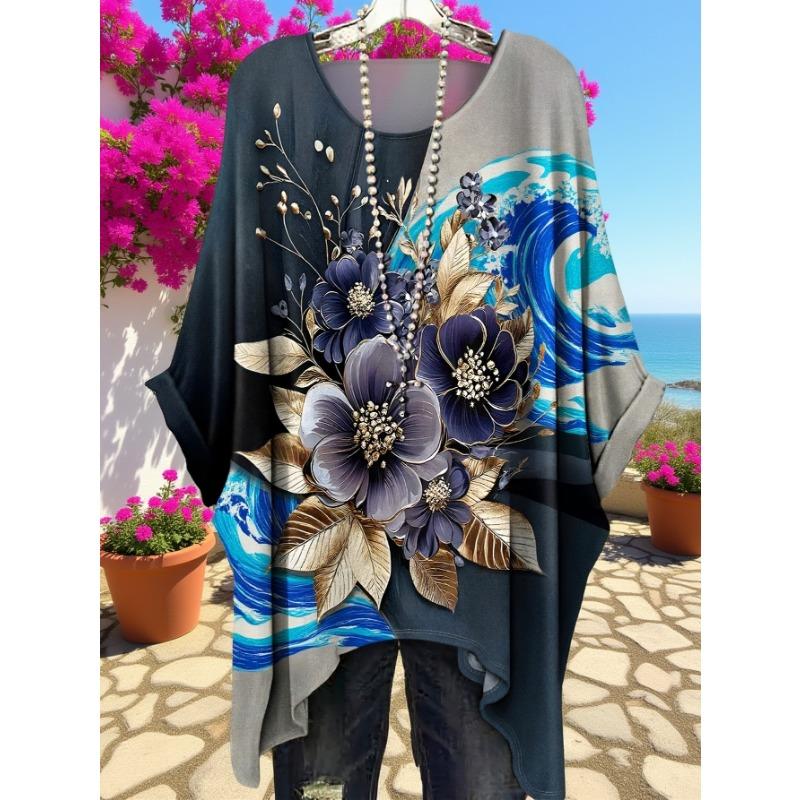 Elegant Bohemian T Shirt Women Golden Leaf Floral Print Irregular Hem Round Neck Casual Tops Fashion All Match Vacation Tee 2XL