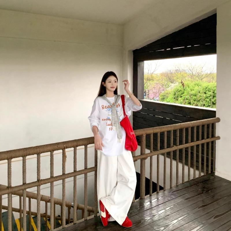 Spring Autumn Loose Casual Vintage Printing Cotton T-shirt Women Long Sleeve Simple All-match Bottomed Tee Top