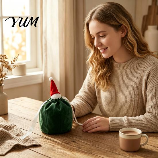 Velvet Christmas Gift Bags Drawstring with Santa Hat, Reusable Xmas Goodie Sacks, Festive Decorative Apple Storage Candy Treat Pouch for Eve