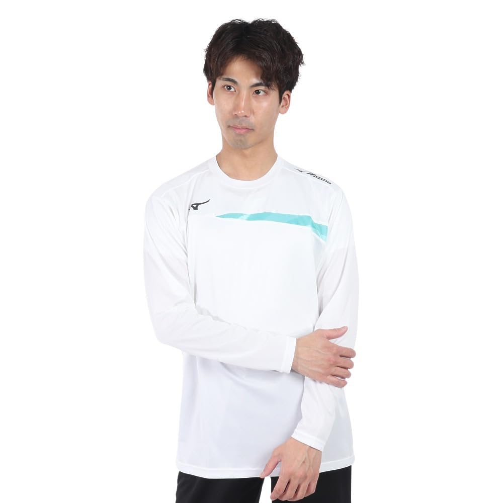 Mizuno Tennis Practice Long Easy to Move Size L Shirt, Sleeve, Moisture-Wicking, Quick-Drying, in, 62JAA510, White/Turquoise,