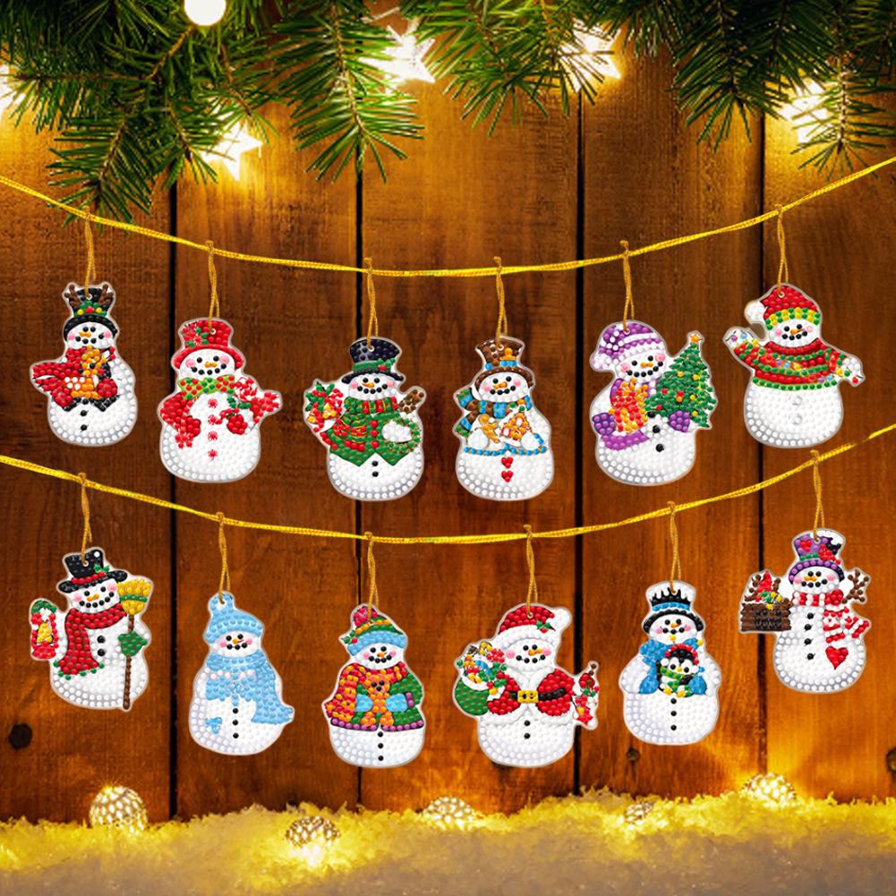 12Pcs Acrylic Christmas Cartoon 5D DIY Diamond Art Hanging Decorations Diamond Painting Hanging Decorations for Christmas Tree