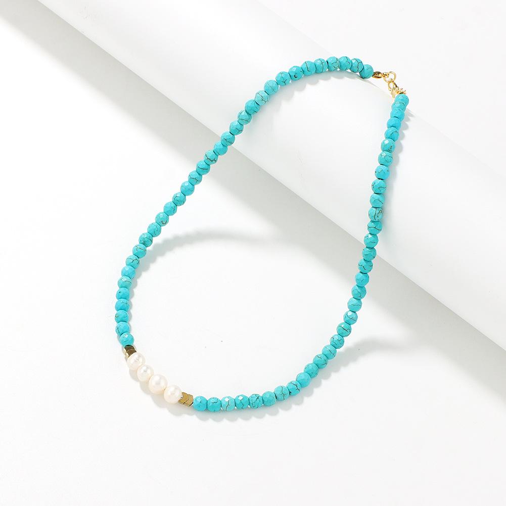 Natural Freshwater Pearl & Turquoise Bohemian Choker Necklace for Women