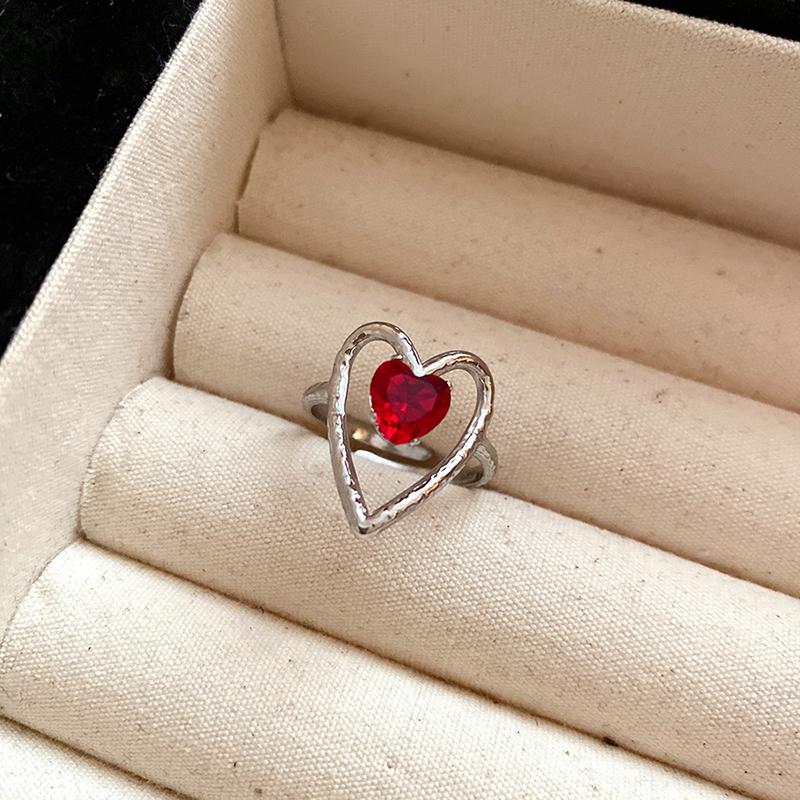 Red Zircon Smooth Heart-Shaped Open Ring Simple  Finger Rings Jewelry For Women