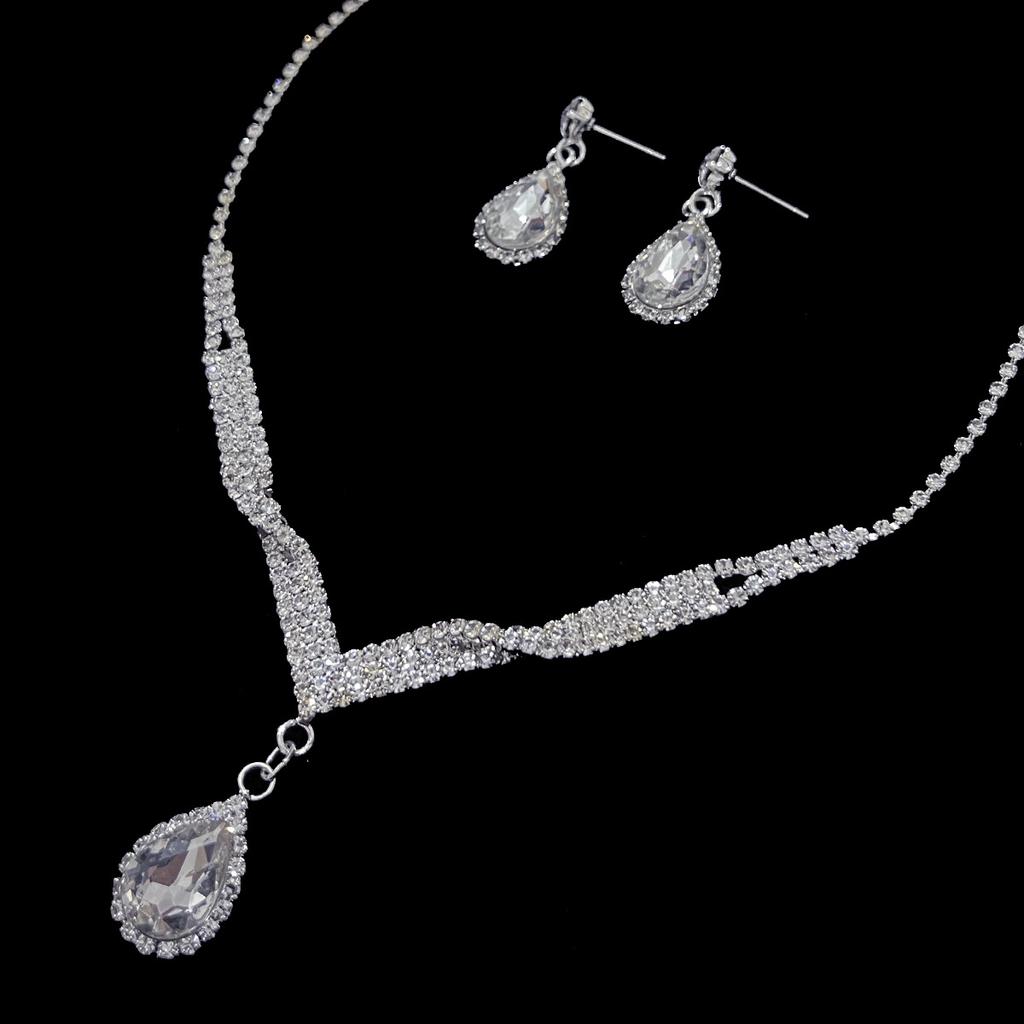 Luxury Korean Versatile Rhinestone Jewelry, Bridal Wedding V-Collar Jewelry Wedding Dress Earrings Necklace Set