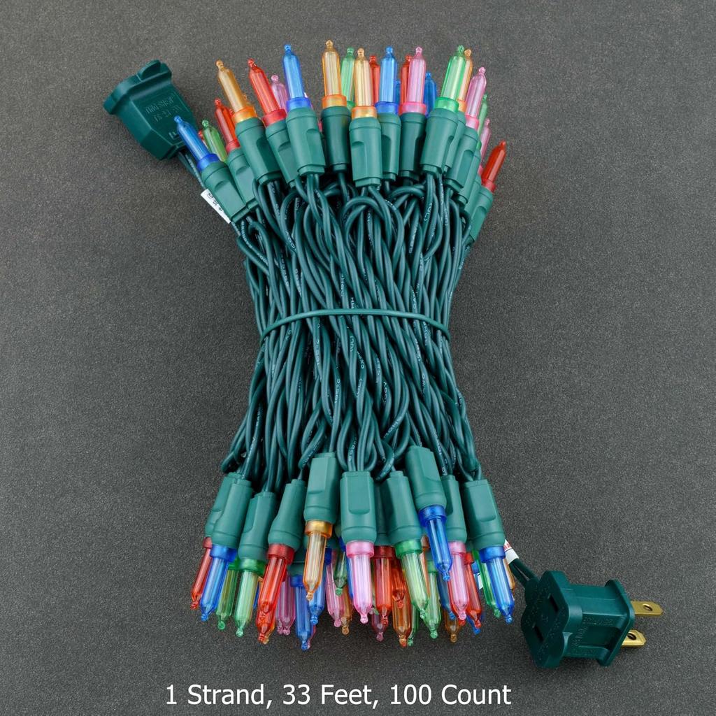 YULETIME 100 Multicolor One-Piece T5 LED Christmas Lights, 33 Ft High Waterproof UL Certified Green Wire String Lights (Multicolor)