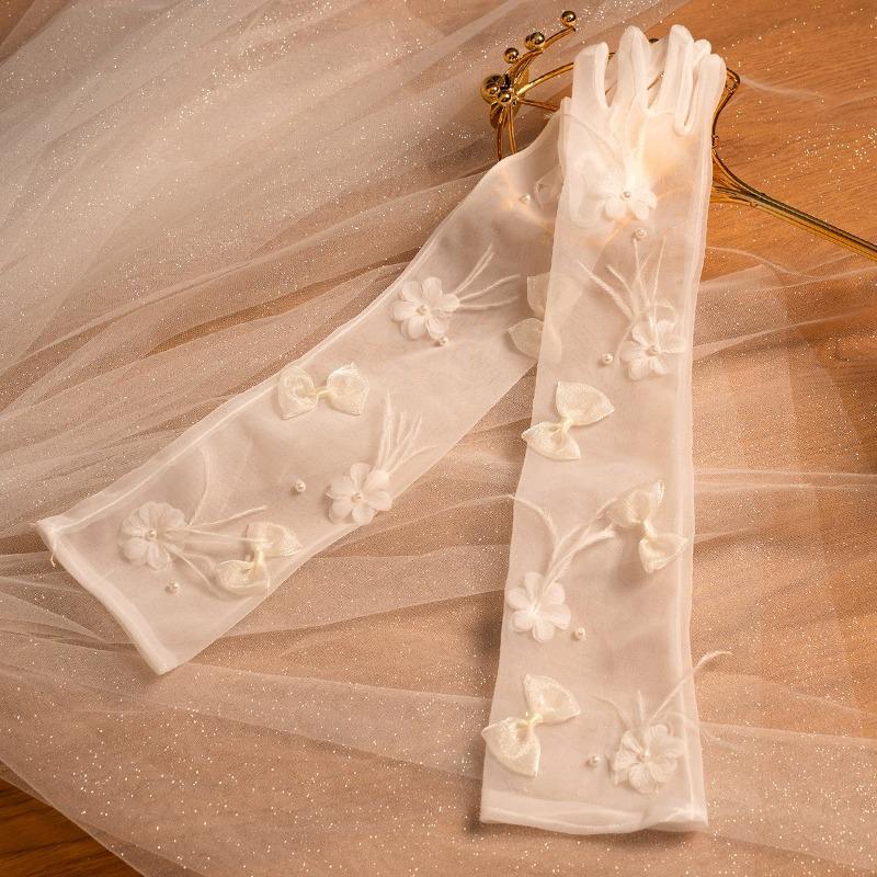 Mesh Bride Wedding Gloves Beautiful Bowknot Feather See-through Decor Gloves Pography Accessories