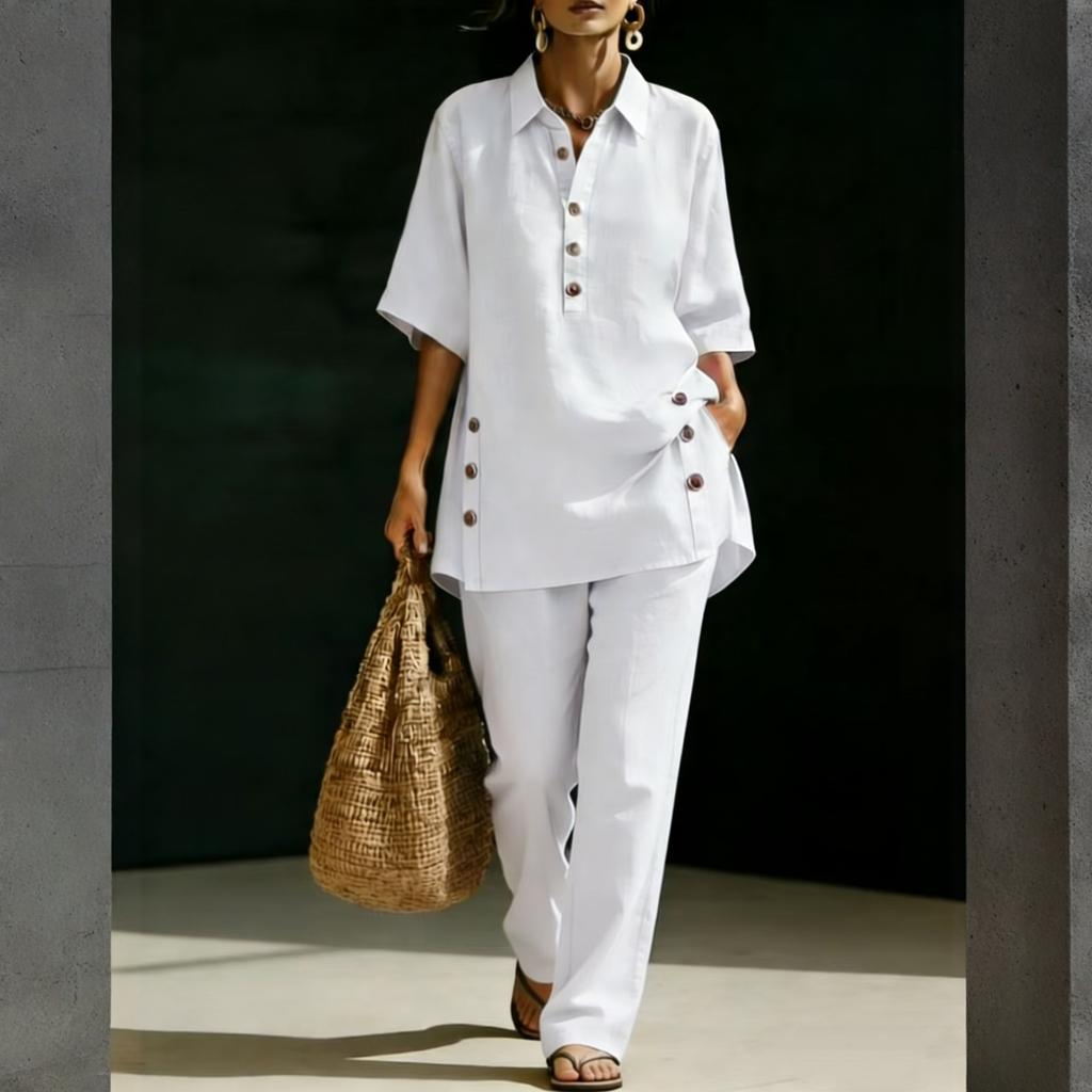 Women Two Piece Set Loose Fit Short Sleeve Shirt with Button Detail and Wide Leg Pants Casual Outfit for Everyday Wear