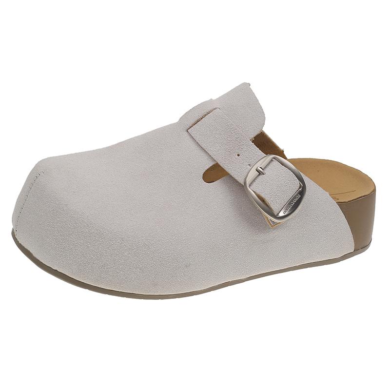 Fashion Flannelette Wrapped Slippers Autumn New Round Toe Deep Mouth Metal Belt Buckle Non-slip Platform Flats