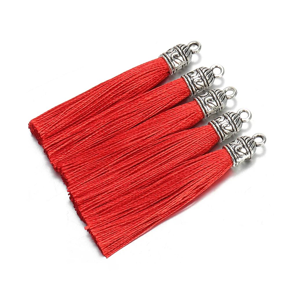 10Pcs 6cm Silk Tassel Charms Brush Tassels With Antique Silver Caps For DIY Jewelry Making Handmade Earrings Pendant 2035
