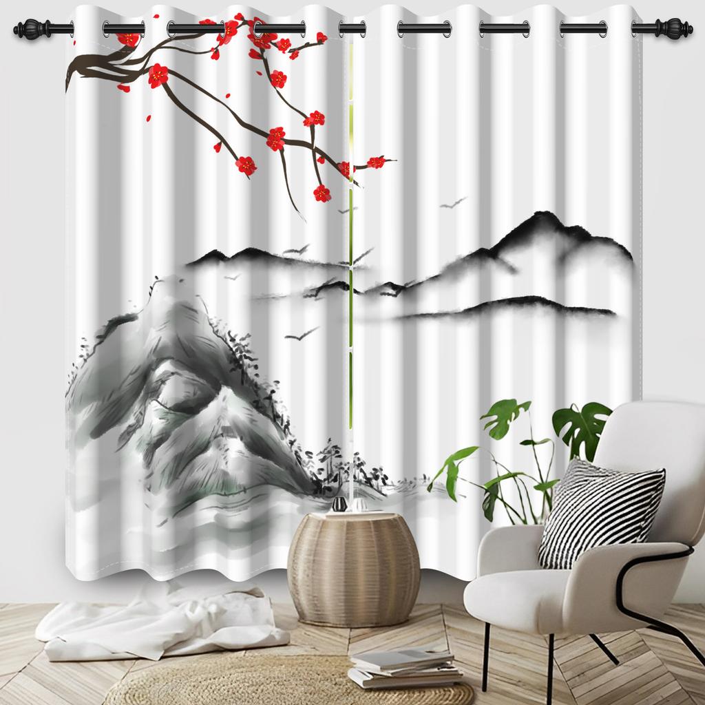 2pcs/Set Cherry Blossom Window Curtain Japanese Scenery Mount Fuji Sun Bedroom Living Room Polyester Blackout Soundproof Curtain