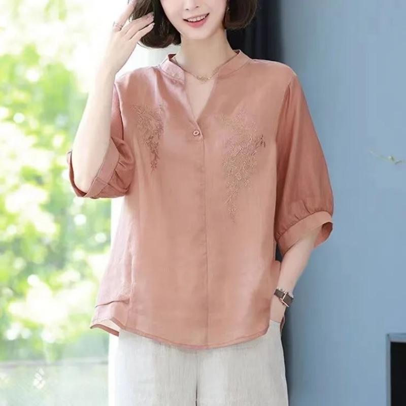 Ramie Three-quarter Sleeve Shirt Women's New Summer Short-sleeved Mother's Shirt High-end Loose Thin Cotton and Linen Top