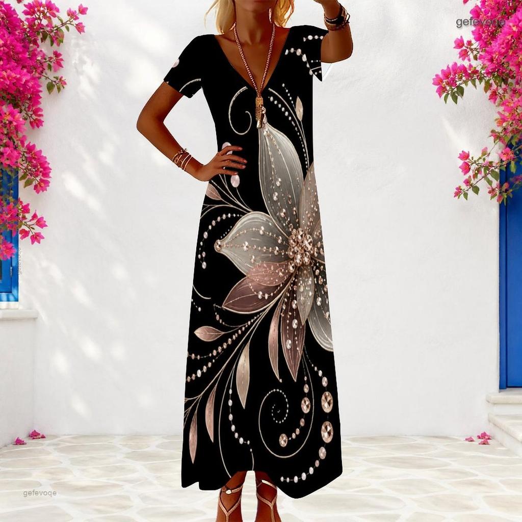 Women Plus Size V Neck Short Sleeve Black Printed Maxi Dress