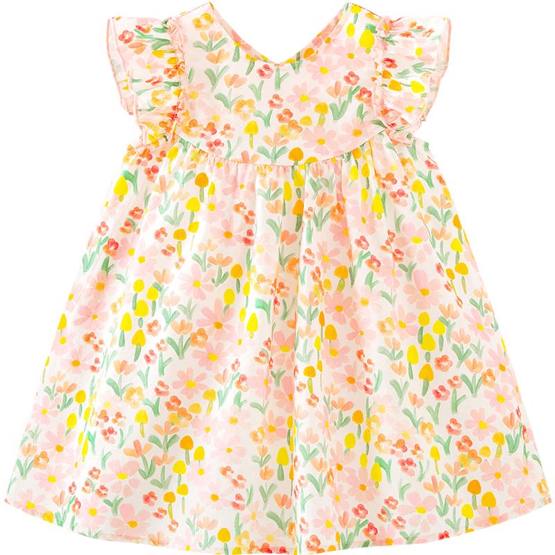 Girls' Summer Floral Cotton Flutter Sleeve A-Line Dress
