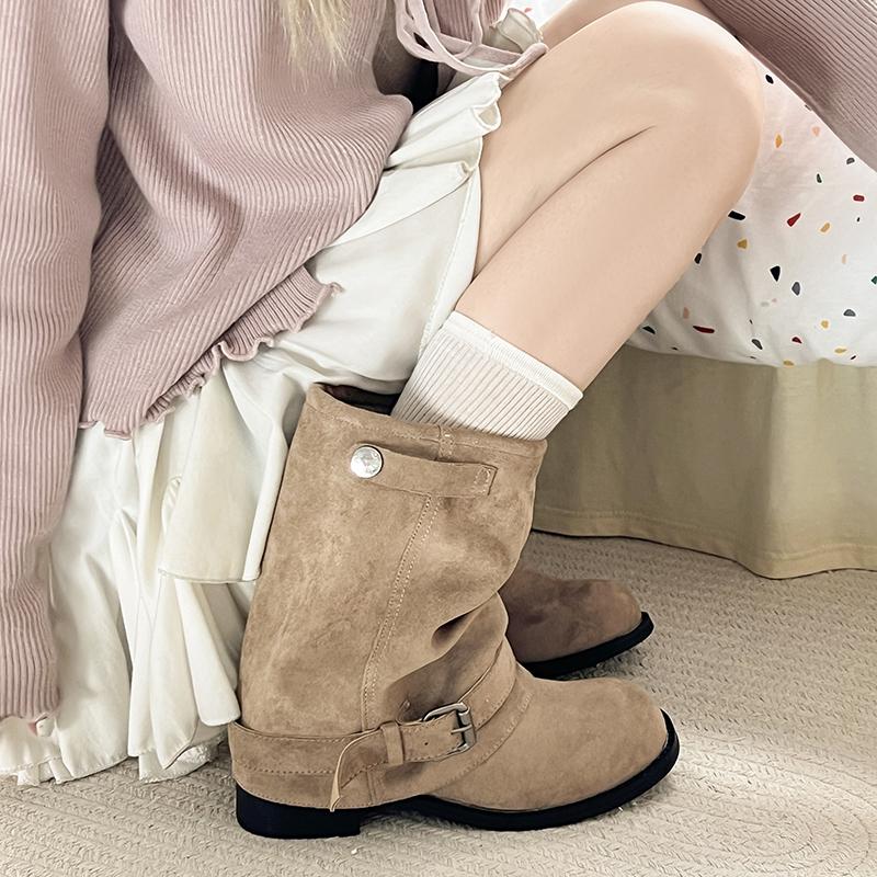 Fashion Vintage Thick Heel Women Western Cowboy Boots Fashion Belt Buckle Slip On Shoes Ladies Pleated Short Booties Autumn Winter