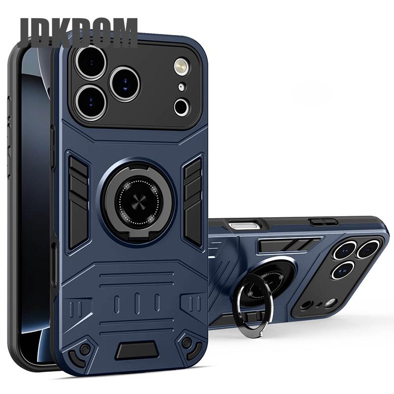 

JDKDOM Shockproof Metal Ring Invisible Bracket Phone Case For iPhone 17 Air 16 15 Pro Max 16 15 Plus 16E Magnetic Ring Car Cover iPhone 15 Pro Max синій