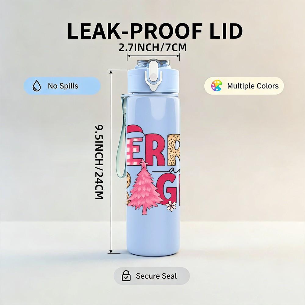 1PC Merry Bright Letter Art 750ml Color Plastic Sports Water Bottle Leakproof Flip Straw Lid Suitable for Sports Office Home Use