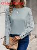 Casual Long Sleeve T Shirt With Embroidered Lace Panel For Spring Women