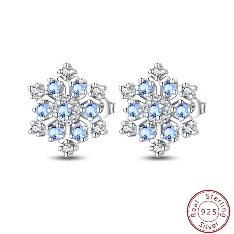 Women's Romantic 925 Silver Snowflake Star Shining Zircon Christmas Winter Earrings Fit Wedding Party Exquisite Jewelry