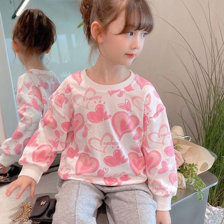 Girls Spring Autumn Cotton Heart Sweatshirt Soft Casual Pullover Top For Kids