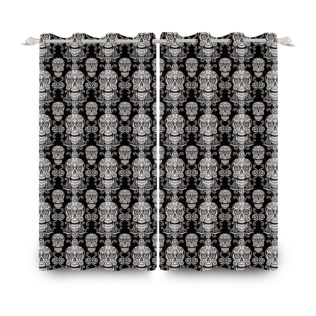 2pcs/set Skeleton Skull Black Window Curtain Horror Halloween Haunted House Home Bedroom Decor Blackout Polyester Fabric Curtain