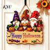 Festive Window Hanging Halloween Wooden Sign, Happy Door Sign with Gnomes/Ghosts, Retro Decorative Wood Board Autumn Harvest Festival Wall Decoration