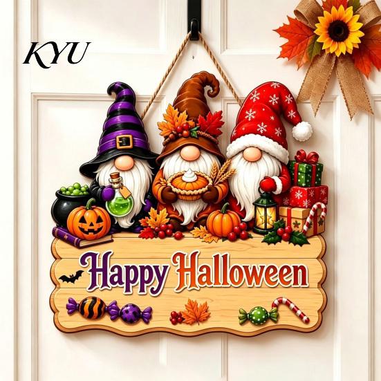 Festive Window Hanging Halloween Wooden Sign, Happy Door Sign with Gnomes/Ghosts, Retro Decorative Wood Board Autumn Harvest Festival Wall Decoration
