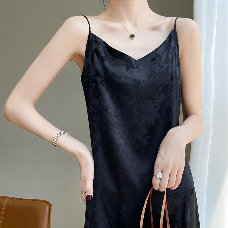 Womens V-Neck Satin Slip Dress With Jacquard High Waist Long Sleeveless