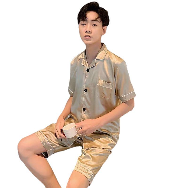 2025 Spring Men's Solid Color Ice Silk Cardigan Pajama Set - Short Sleeve & Shorts