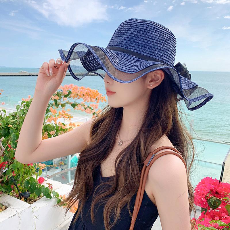 2024 Spring/Summer New Sun Hat with Ribbon Knot Decoration for Adult Straw Hat Sunscreen Beach Hat Elegant