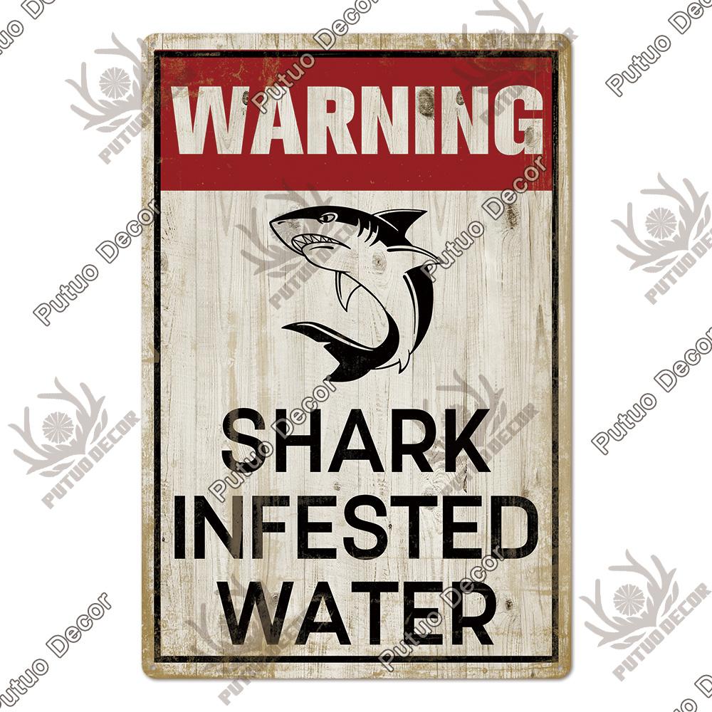 Putuo Decor Shark Sign Metal Signs Vintage Tin Sign Funny Warning Movie Poster for Bar Pub Kitchen Club Man Cave Wall Decoration
