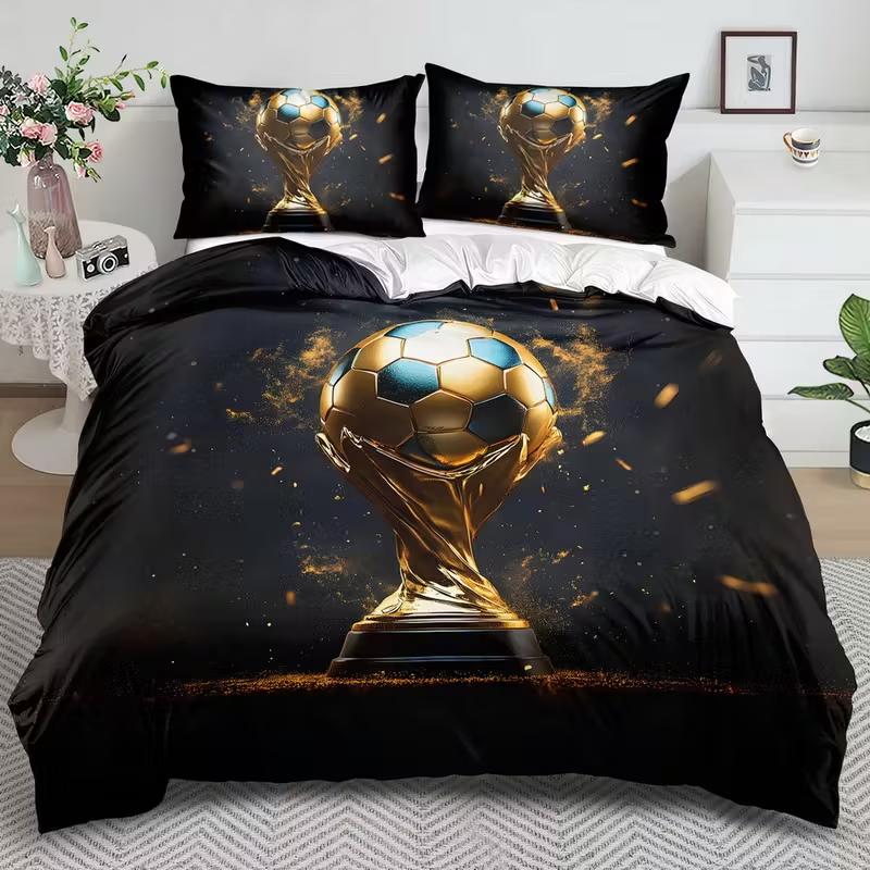 

3Pcs Soccer Trophy Duvet Cover Set Cartoon Football Theme All-Season Includes 1 Duvet Cover + 2 Pillowcases (No Insert) 135x200cm 3PCS бежевый