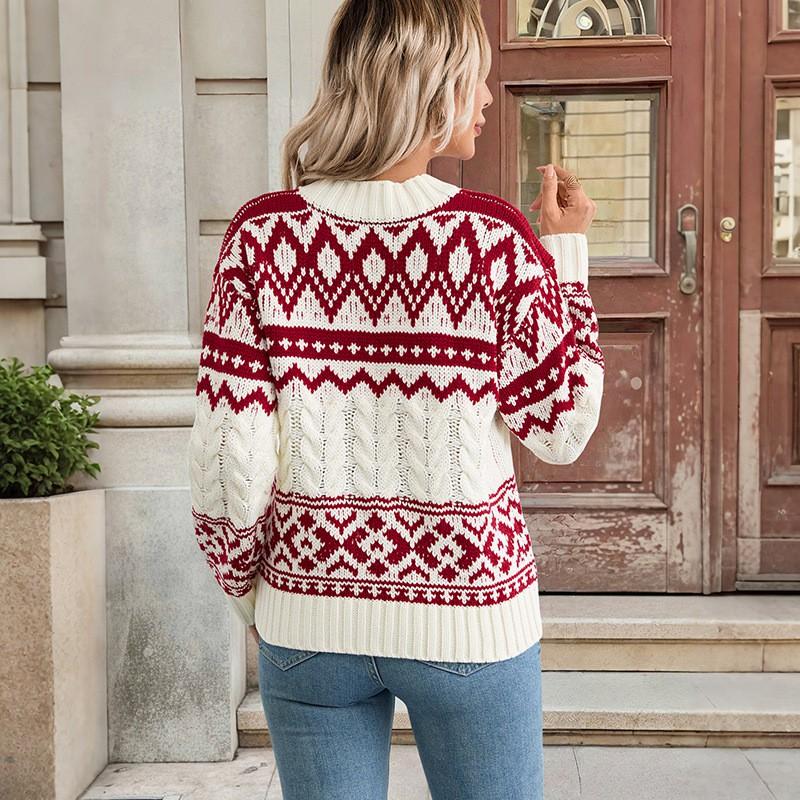 Womens Cozy Nordic Vintage Knit Sweater With Ethnic Round Neck Long Sleeve Loose Fit Winter
