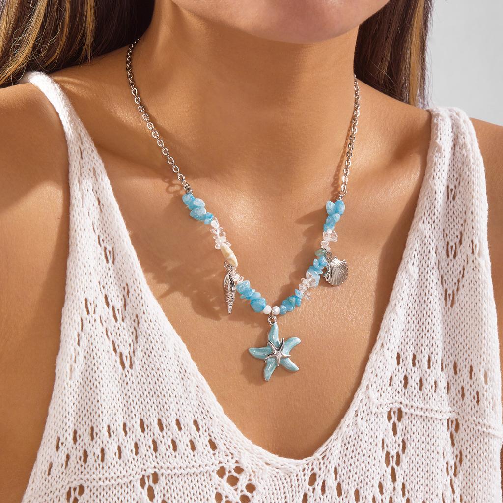 Summer Beach Shell Starfish Pendant Necklace For Women Multicolor Irregular Stone Pearl Scallop Choker Boho Vacation Jewelry