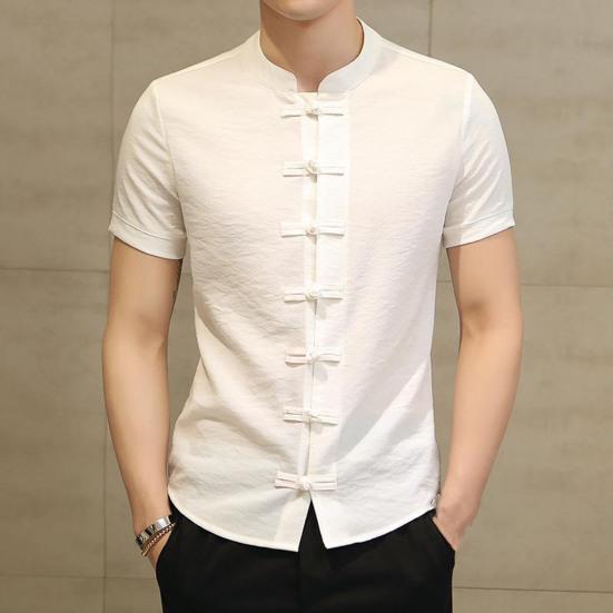 Men Summer Shirt Stand Collar Short Sleeve Solid Color Slim Fit Knot Buttons Daily Wear Chinese Traditional Clothes Vintage Chinese Style Men Top Men