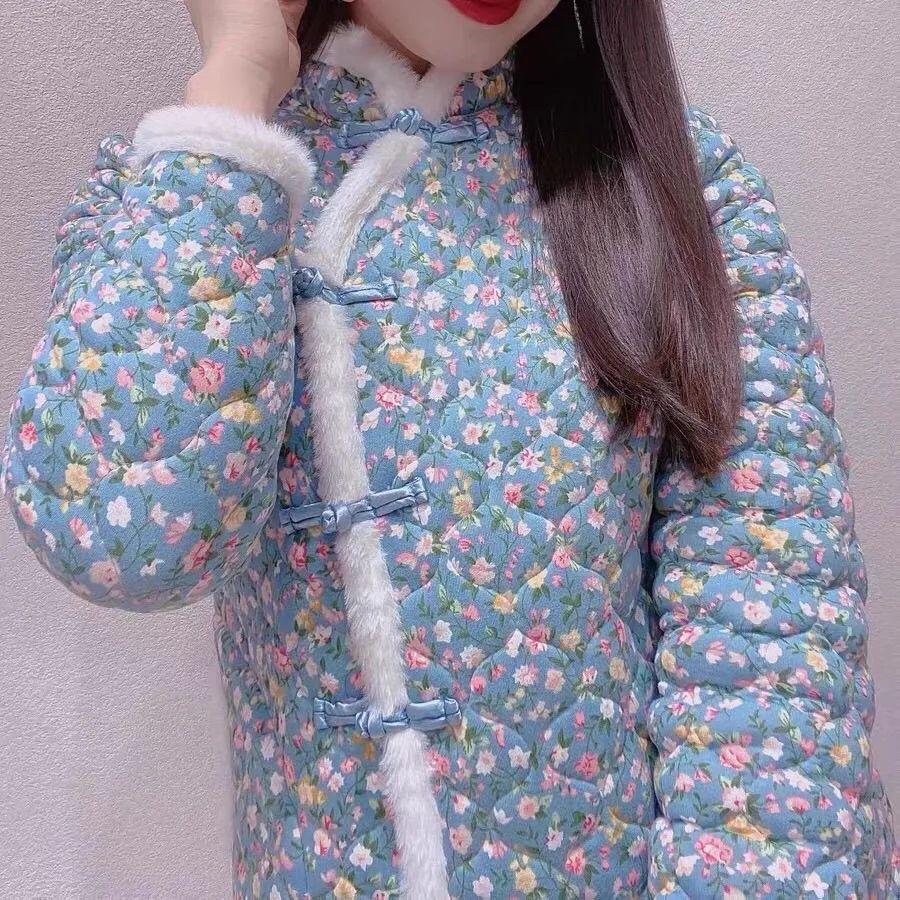 Women's Clothing Fleece-Lined and Thickened   Northeast Large Flower Padded Jacket Cotton Coat  Web Red Jacket